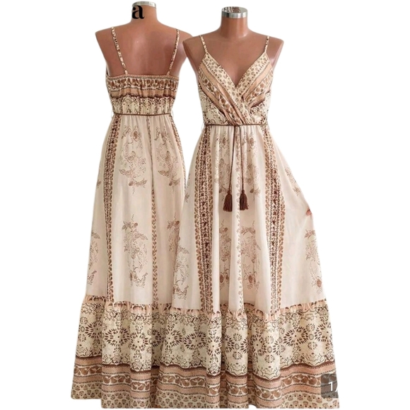 Dresses & Skirts - Boho Cream & Brown Floral Maxi Dress with Tassel Waist
